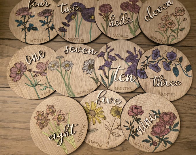 Floral Monthly Milestones, 3D Wooden Circles Photo prop Newborn to 1 Year
