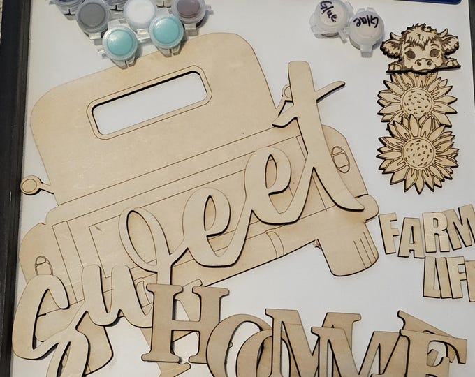 Farmhouse Door Hanger Craft Kit, DIY with a Farm Truck, Sunflowers and a Highland Cow DIY Welcome Sign Craft Kit with Wooden Cutouts