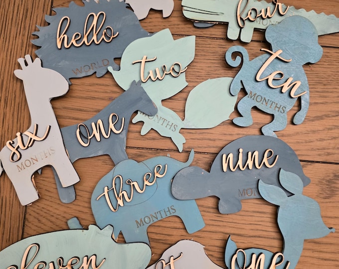 Wooden Zoo Animal Monthly Milestones Photo Props Newborn to 1 Year, 3D Baby Milestone Cards, Choose Any 3 Colors