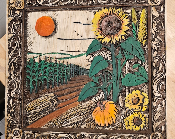 Hand Painted Art Piece, Digitally Created Art that is Laser Engraved into Wood - Corn Fields & Sunflowers Visions of Kansas