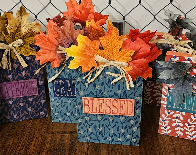 Autumn Thanksgiving Table Centerpiece: Pumpkin-Shaped Grateful, Thankful, and Blessed Signs Bundle
