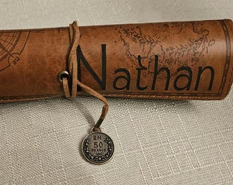 Personalized Leather Pencil Case: Engraved Treasure Map Pouch