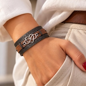 Personalized Leather Bracelet, Engraved Infinity Heart Charm, Christmas Gift for Her
