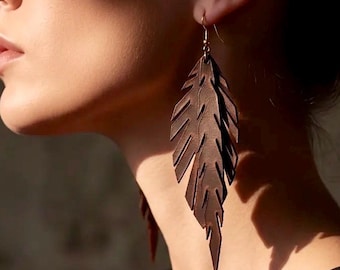 Handmade Genuine Leather Leaf Earrings, Boho Style, Lightweight Natural Leather Jewelry, Gift for Her