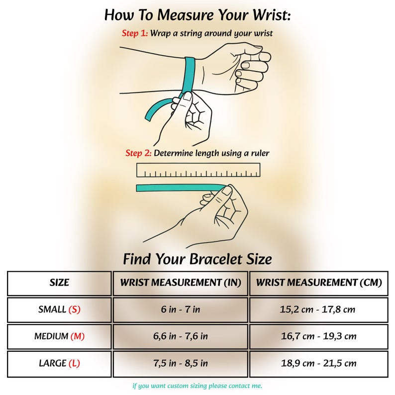 Puede incluir: Diagrama que muestra c&oacute;mo medir la mu&ntilde;eca para pulseras. Incluye instrucciones: envolver con una cuerda, medir con una regla. Tabla de tallas de pulseras con medidas en pulgadas y cent&iacute;metros: Peque&ntilde;a (6-7 in, 15,2-17,8 cm), Mediana (6,6-7,6 in, 16,7-19,3 cm), Grande (7,5-8,5 in, 18,9-21,5 cm).