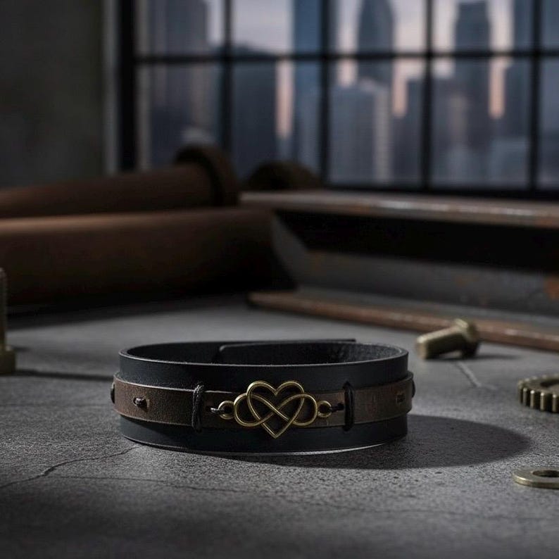 Puede incluir: Una pulsera de cuero negro con una banda de cuero marr&oacute;n y un dije de coraz&oacute;n infinito de color dorado. La pulsera est&aacute; sobre una superficie gris con un fondo borroso de un paisaje urbano y herramientas industriales.