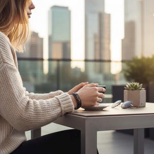 Puede incluir: Una persona con un su&eacute;ter color crema y pantalones negros sostiene una taza de caf&eacute; negra. Una pulsera de cuero negro con un dise&ntilde;o decorativo est&aacute; en la mu&ntilde;eca. Gafas de sol y una peque&ntilde;a planta suculenta est&aacute;n sobre una mesa.