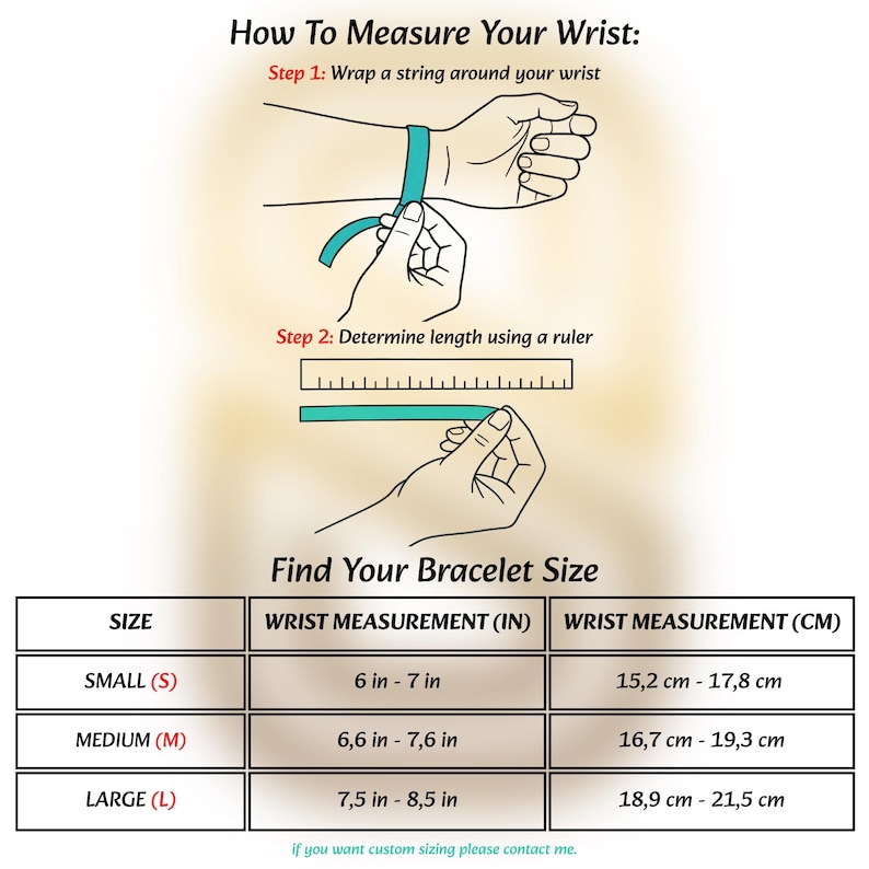 May include: An instructional graphic titled How to Measure Your Wrist showing two steps: wrapping a string around a wrist and measuring it with a ruler. A table below lists bracelet sizes Small, Medium, and Large with wrist measurements in inches and cm.