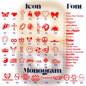 Puede incluir: Gr&aacute;fico que muestra iconos, fuentes y dise&ntilde;os de monogramas rojos. Los iconos incluyen una mariposa, un coraz&oacute;n y una cruz. Las fuentes se enumeran con nombres como Arial y Times New Roman. La palabra "Monograma" tambi&eacute;n se muestra.