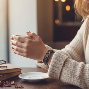Puede incluir: Una pulsera de cuero marr&oacute;n con un s&iacute;mbolo de infinito dorado se lleva en la mu&ntilde;eca. La pulsera es de varias capas y se envuelve alrededor de la mu&ntilde;eca. La persona sostiene una taza blanca con ambas manos.