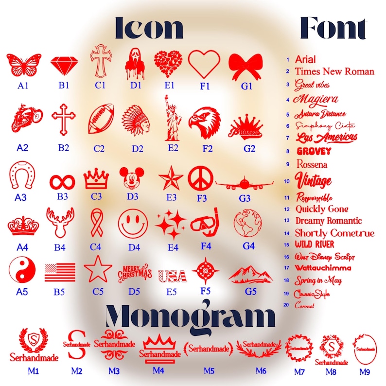 May include: A chart displaying red icons labeled A1 through G5, a list of twenty numbered fonts, and nine monogram styles labeled M1 through M9. The icons include shapes like hearts, stars, crosses, animals, and symbols. The text includes Icon, Font, and Monogram.