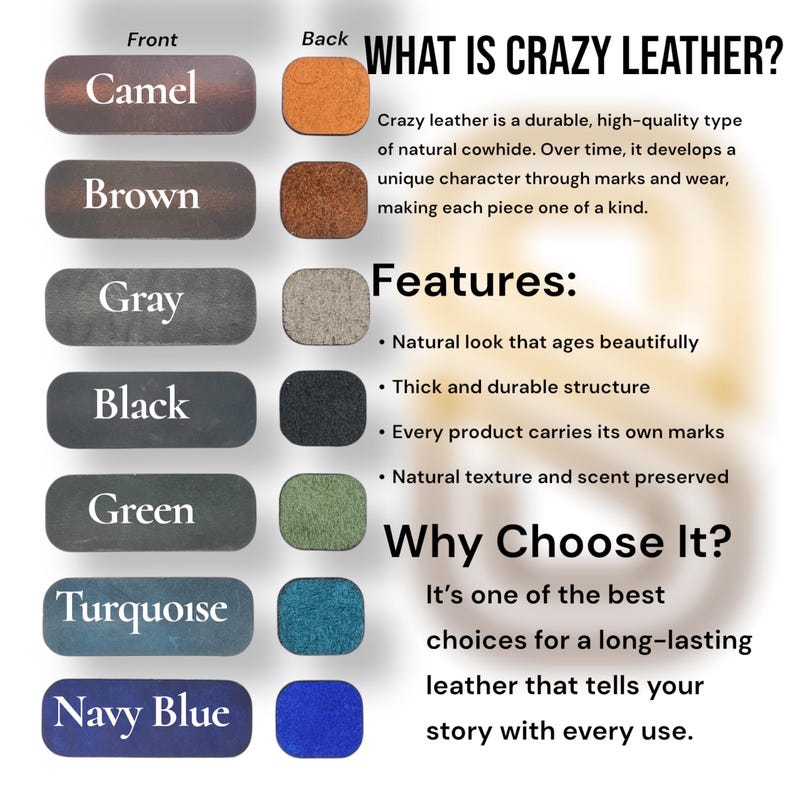 Puede incluir: Un gr&aacute;fico informativo que muestra Crazy Leather, un cuero de vaca duradero. La imagen muestra muestras de color en Camel, Marr&oacute;n, Gris, Negro, Verde, Turquesa y Azul Marino, con vistas frontal y posterior. El texto destaca las caracter&iacute;sticas y los beneficios del cuero.