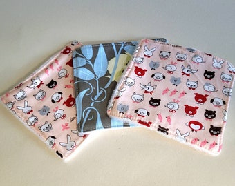 Reusable zero waste make up removal / face wipes/cloths cotton and soft fleece. Mixed Amy Butler Floral and Kawaii animal print