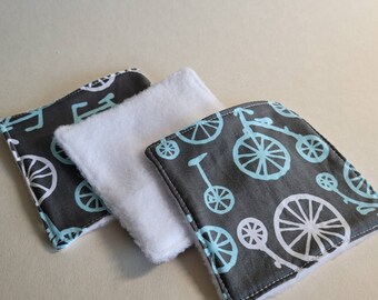 Reusable zero waste make up removal / face wipes/cloths cotton and soft fleece. Bike bicycle print