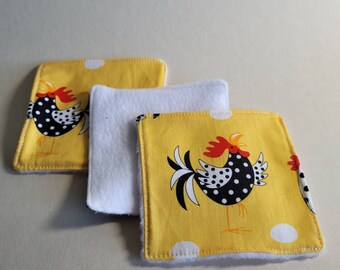 Reusable zero waste make up removal / face wipes/cloths cotton and soft fleece. Chicken hen and egg print