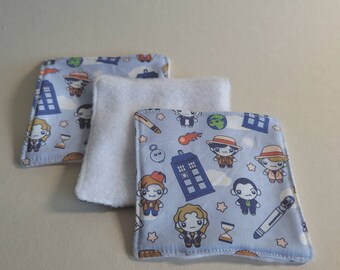 Reusable zero waste make up removal / face wipes/cloths cotton and soft fleece. Dr who print