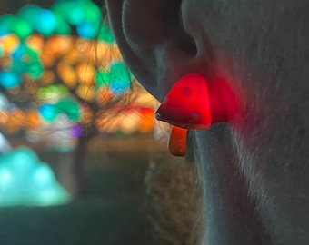Red Mushroom Light Up Earrings and Terrarium Gift Display