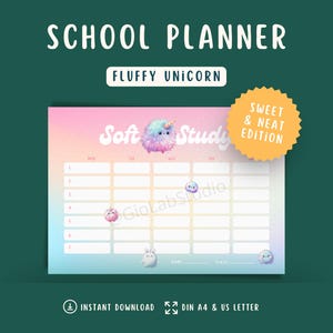 School Planner Printable | Homeschool Planner | Kids Daily Routine Chart | Preschool Curriculum | First Day of School | Fluffy Unicorn Theme