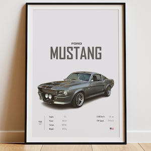 Cartel de Ford Mustang de 1967 - Impresiones de Mustang - Carteles de Ford - Impresiones de coches - Arte de la pared del coche - Carteles de coches - Decoración de la habitación de los niños
