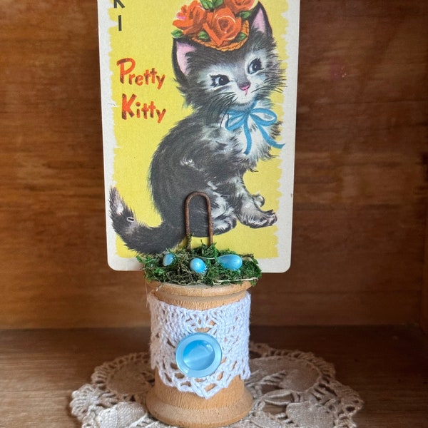 Pretty Kitty Vintage Playing Card on Wooden Spool with Lace and Buttons - Primitive