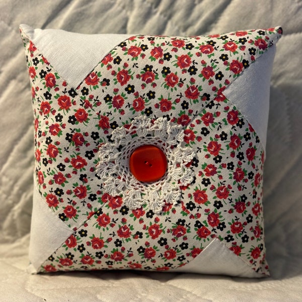 Vintage Quilt Square Pillow- Lace Doily - Buttons - Farmhouse Decor- Primitive Floral- 7 1/2” square- Red and Green Floral