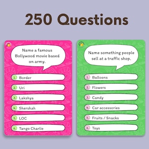 Puede incluir: Dos tarjetas de juego coloridas con el texto "250 Questions". Una tarjeta rosa pregunta sobre pel&iacute;culas de Bollywood basadas en el ej&eacute;rcito. La otra, verde, pregunta qu&eacute; vende la gente en las tiendas de tr&aacute;fico. Cada tarjeta tiene opciones de respuesta numeradas.