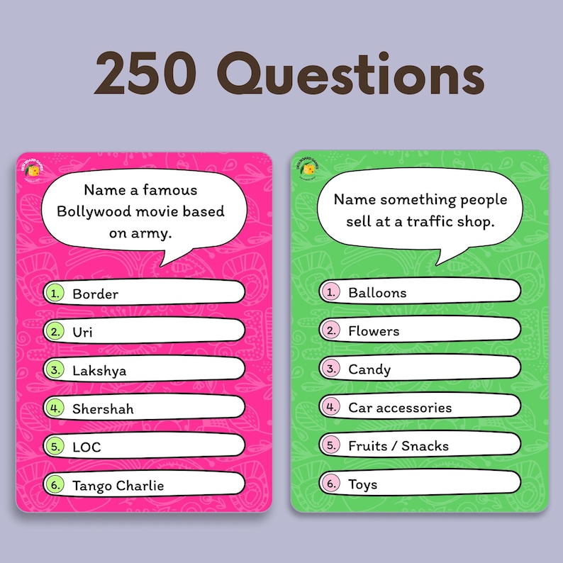 Puede incluir: Dos tarjetas de juego coloridas con el texto "250 Questions". Una tarjeta rosa pregunta sobre pel&iacute;culas de Bollywood basadas en el ej&eacute;rcito. La otra, verde, pregunta qu&eacute; vende la gente en las tiendas de tr&aacute;fico. Cada tarjeta tiene opciones de respuesta numeradas.