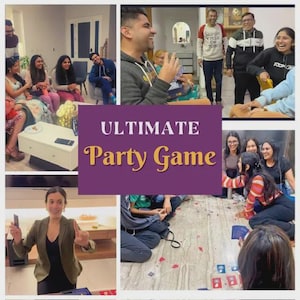 Puede incluir: Un collage de im&aacute;genes que muestran un juego de fiesta. La imagen central presenta el texto "ULTIMATE Party Game" en letras doradas sobre un fondo morado. Varias escenas muestran a personas riendo e interactuando, sugiriendo una divertida reuni&oacute;n social.