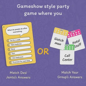 Puede incluir: Un juego de mesa con cartas. Una carta pregunta "&iquest;Qu&eacute; hace la gente despu&eacute;s de comer en exceso?" con opciones de respuesta. Otras cartas tienen palabras como "Watch man" y "Hotel Staff". El juego est&aacute; sobre un fondo morado.