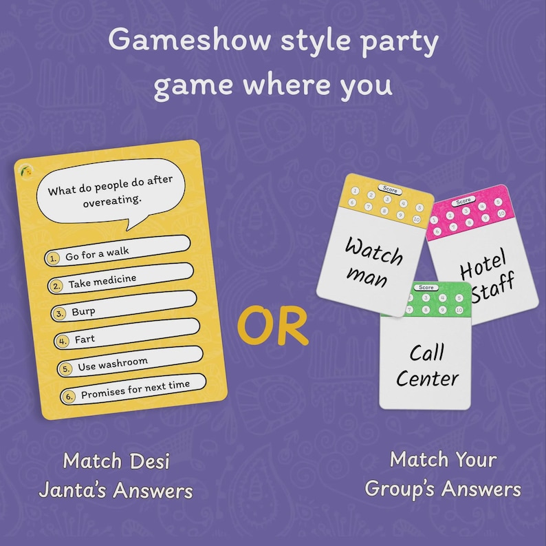 Puede incluir: Un juego de mesa con cartas. Una carta pregunta "&iquest;Qu&eacute; hace la gente despu&eacute;s de comer en exceso?" con opciones de respuesta. Otras cartas tienen palabras como "Watch man" y "Hotel Staff". El juego est&aacute; sobre un fondo morado.