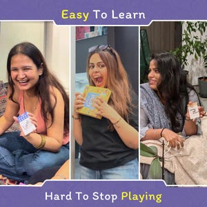 Puede incluir: En la foto, tres personas sostienen componentes de un juego. Se lee el texto "Easy To Learn" y "Hard To Stop Playing". El juego parece ser de cartas o de mesa.