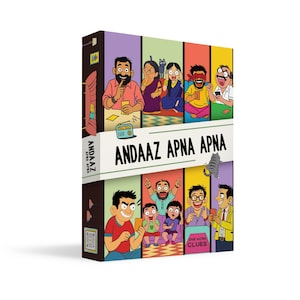 May include: A colorful board game box with the title "Andaaz Apna Apna" and illustrations of cartoon characters. The box features a QR code and the words "One Word Clues".