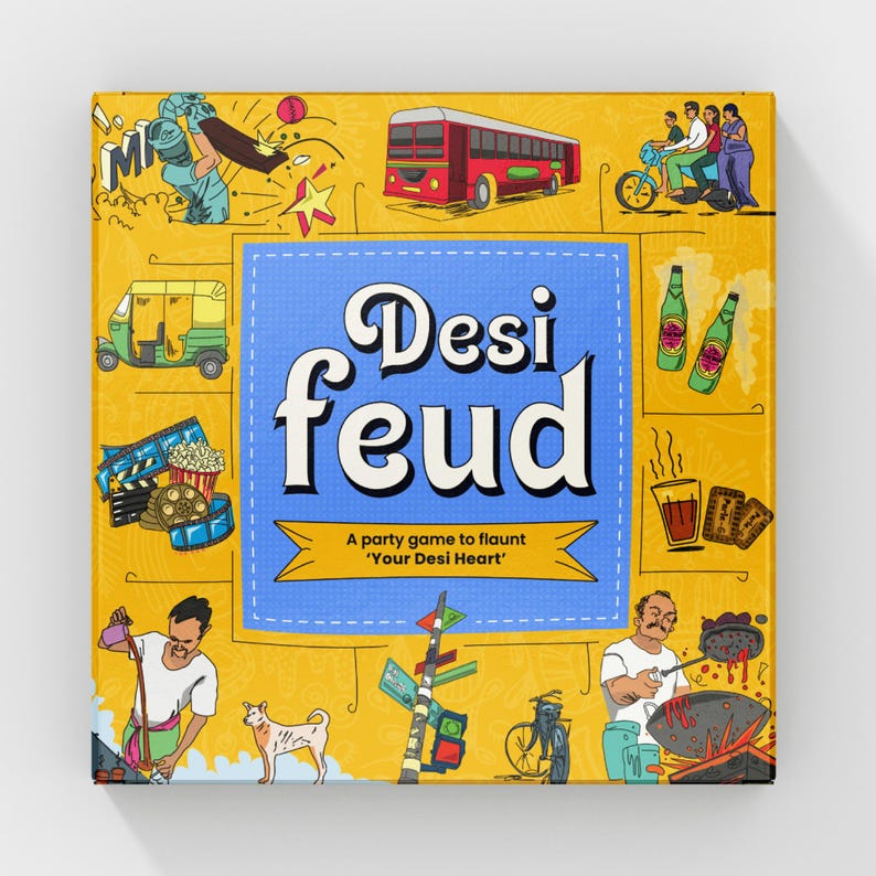 Puede incluir: Una caja de juego de mesa titulada "Desi Feud" con un centro azul y un borde amarillo. La caja presenta ilustraciones de un partido de cricket, un autob&uacute;s rojo y otros elementos culturales. Tambi&eacute;n se incluye el texto "A party game to flaunt 'Your Desi Heart'".