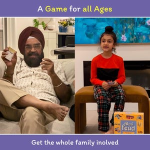 Puede incluir: Imagen de un juego de mesa familiar, "Desi Feud", con el texto "A Game for all Ages" y "Get the whole family involved". Un hombre y una ni&ntilde;a peque&ntilde;a sostienen cartas, sugiriendo el juego. La caja es visible.