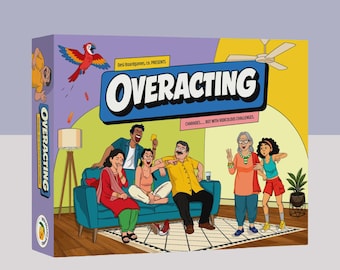 Puede incluir: Una caja de juego de mesa rectangular titulada Overacting, con una colorida ilustración de una familia en una sala de estar. La caja muestra el texto Desi Boardgames, co. PRESENTS, Overacting y Charades... but with ridiculous challenges.