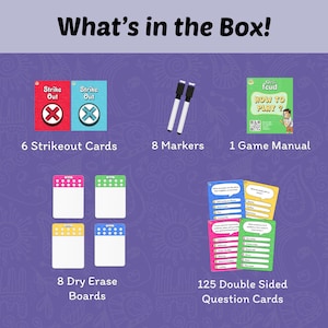Puede incluir: Un juego de mesa con el texto "What's in the Box!" incluye 6 tarjetas de eliminaci&oacute;n, 8 marcadores, 1 manual de juego, 8 pizarras borrables y 125 tarjetas de preguntas de doble cara. Las tarjetas son rojas, azules, verdes y amarillas.