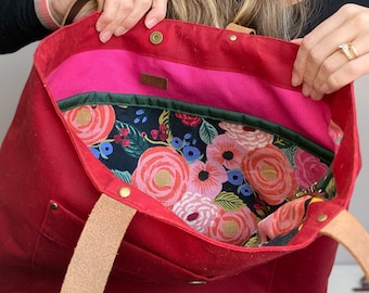 Red Waxed Canvas Tote Bag with Brown Leather Handles, Colorful Rifle Paper Floral and Pink Canvas Lining, Lots of Storage Space and Pockets