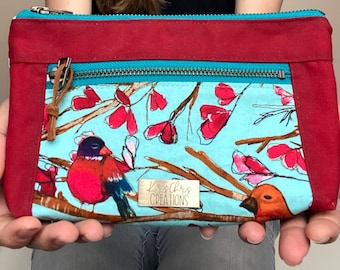 Red Waxed Canvas and Teal Bird Zipper Bag with White and Teal Spotted Lining Zipper Pouch with 2 Zipper Pockets Add a strap for Wristlet