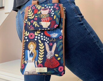 Cute Alice in Wonderland Crossbody Bag Wallet with Detachable Strap Sewn with Vegan Leather, Cork, and Alice Rifle Paper Fabric