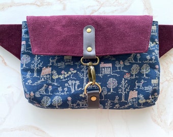 Handmade Navy Crossbody Fanny Pack Belt Bag, Corduroy flap, Tan Adjustable Detachable Strap, Phone Bag Handsfree, Novelty Cute Animal Fabric