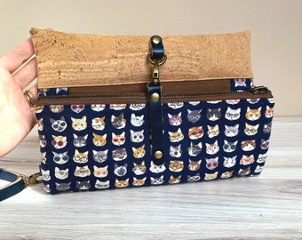 Navy Cats in Glasses Zippered Foldover Clutch Bag with Wallet Pockets, and Leather Detachable Wrist Strap included