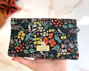 Floral Minimalist Wallet with Black Leather Tab Sewn with Rifle Paper Co. Canvas Fabric and Heavy Duty Snaps, holds phone & money