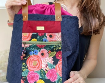 Blue Textured Denim Floral Tote Project Bag with Pink Canvas Drawstring Closure and Leather Straps, Perfect to Carry Knitting and Crochet