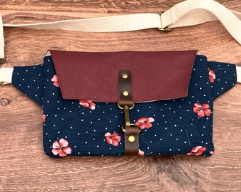 Handmade Navy Floral Crossbody Fanny Pack Belt Bag, Maroon Vegan Leather Flap Detachable Adjustable Strap, Phone Bag Handsfree, Paris Map