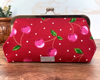 Red and Pink Cherry Canvas Kisslock Clutch Handbag w/ Bright Green Canvas Lining, Silver Purse Frame, For Special Occasion or Everyday