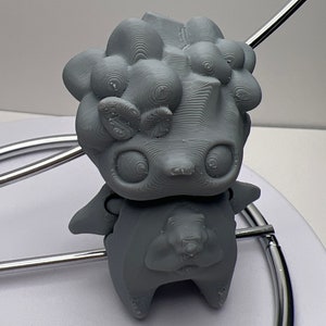 Puede incluir: Una figura gris impresa en 3D de una criatura de dibujos animados con ojos grandes y una superficie texturizada. La figura tiene una cabeza redondeada con rasgos similares a burbujas y brazos peque&ntilde;os. Se encuentra sobre una superficie blanca.