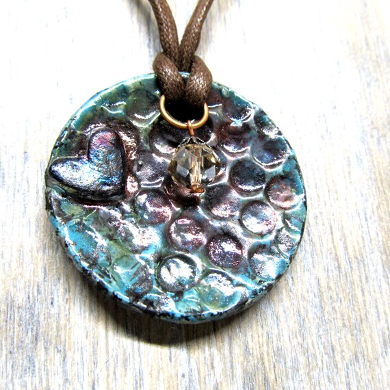 Items similar to Eco Friendly Heart Pendant Necklace Raku Pottery