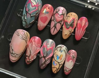 Pink nails, hand painted nail,custom press on nails,3D Nails,GelNails,Acrylic Nails  ,Fake nails,Nail Art,Cute nails,Girl gift,gift for her