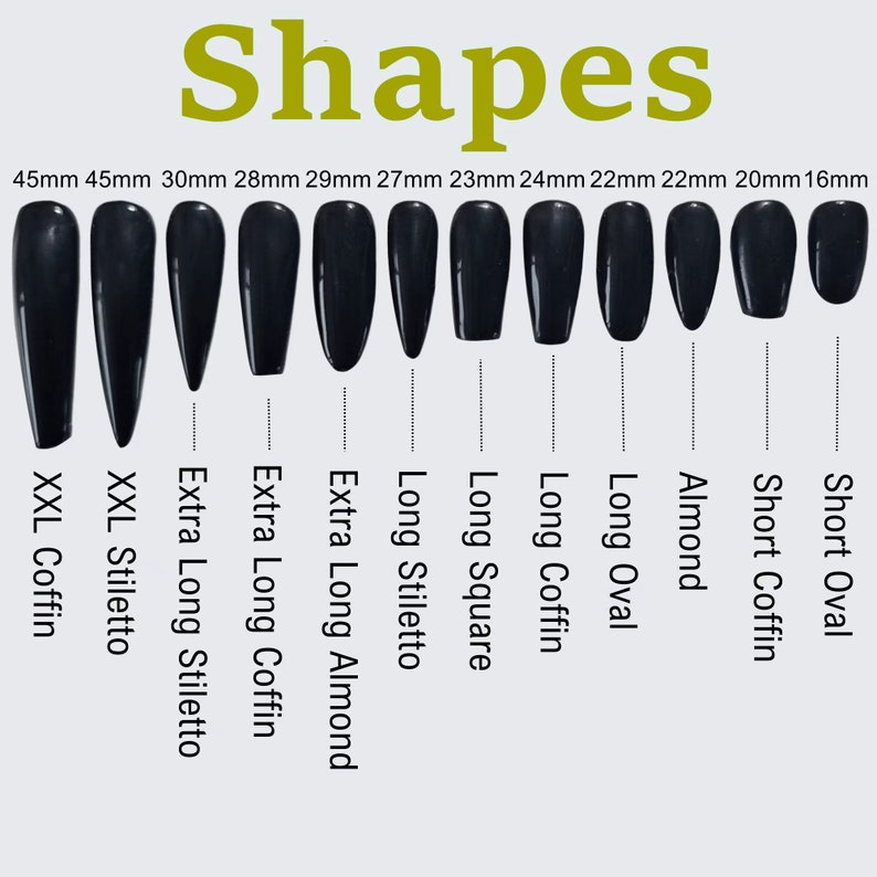 May include: A visual guide to nail shapes, featuring black nail samples in various styles. The image displays shapes such as XXL Coffin, XXL Stiletto, Extra Long Almond, and Short Oval. Measurements in millimeters are included.