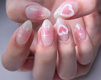 Heart short Coffin nails,Pink hand painted nail,custom press on nails,3D Nails,Gel Nails,Acrylic Nails  ,Fake nails,Nail Art,Cute nails